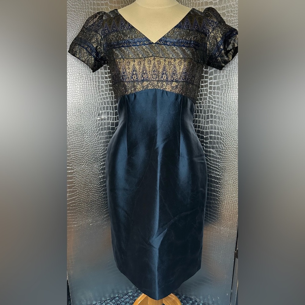 Elegant Navy Blue and Gold Brocade Asian Inspired Dress